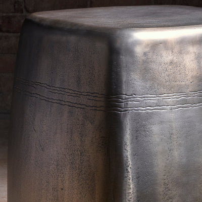Sterling Spur Accent Table close-up of the silver metal accent table showing hand-textured finish, softened corners, and forged band detail