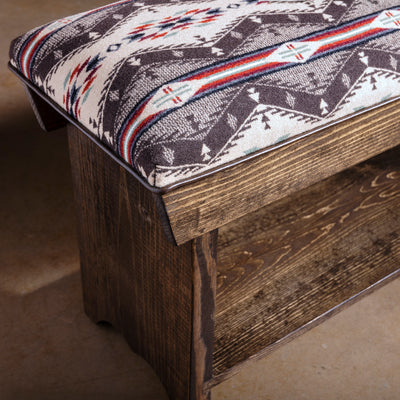 Sundown Loom Upholstered Western Ranch Bench western bench close-up with dark wood corner, upholstered cushion, and lower shelf detail