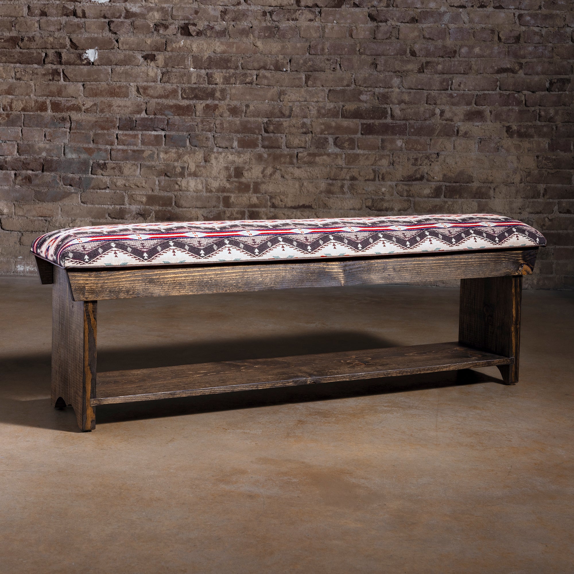Sundown Loom Upholstered Western Ranch Bench western bench with dark wood frame, Southwestern patterned seat, and lower storage shelf