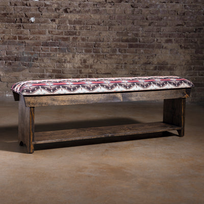 Sundown Loom Upholstered Western Ranch Bench western bench with dark wood frame, Southwestern patterned seat, and lower storage shelf