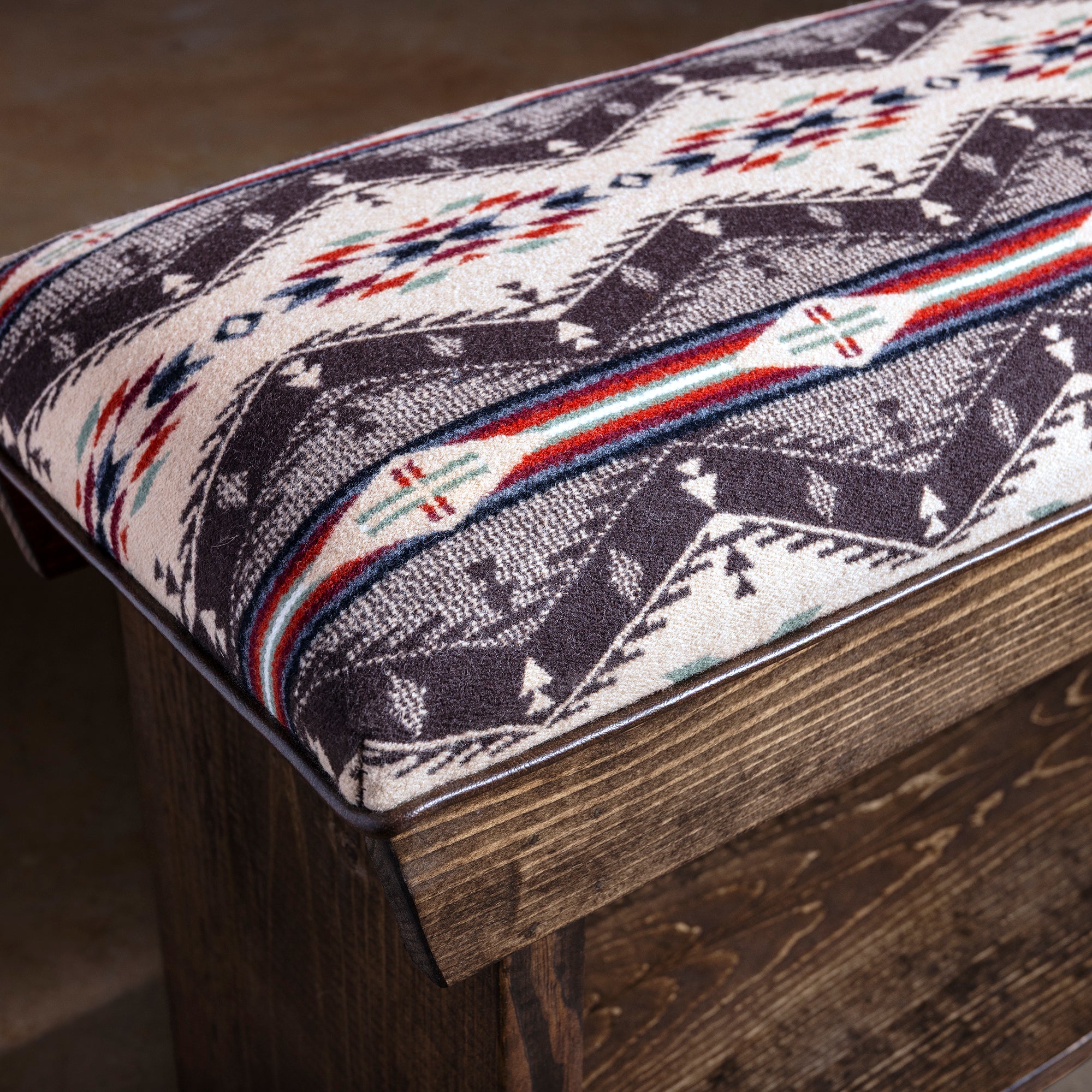 Sundown Loom Upholstered Western Ranch Bench western bench close-up showing patterned upholstered top and dark-stained wood frame