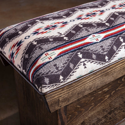 Sundown Loom Upholstered Western Ranch Bench western bench close-up showing patterned upholstered top and dark-stained wood frame