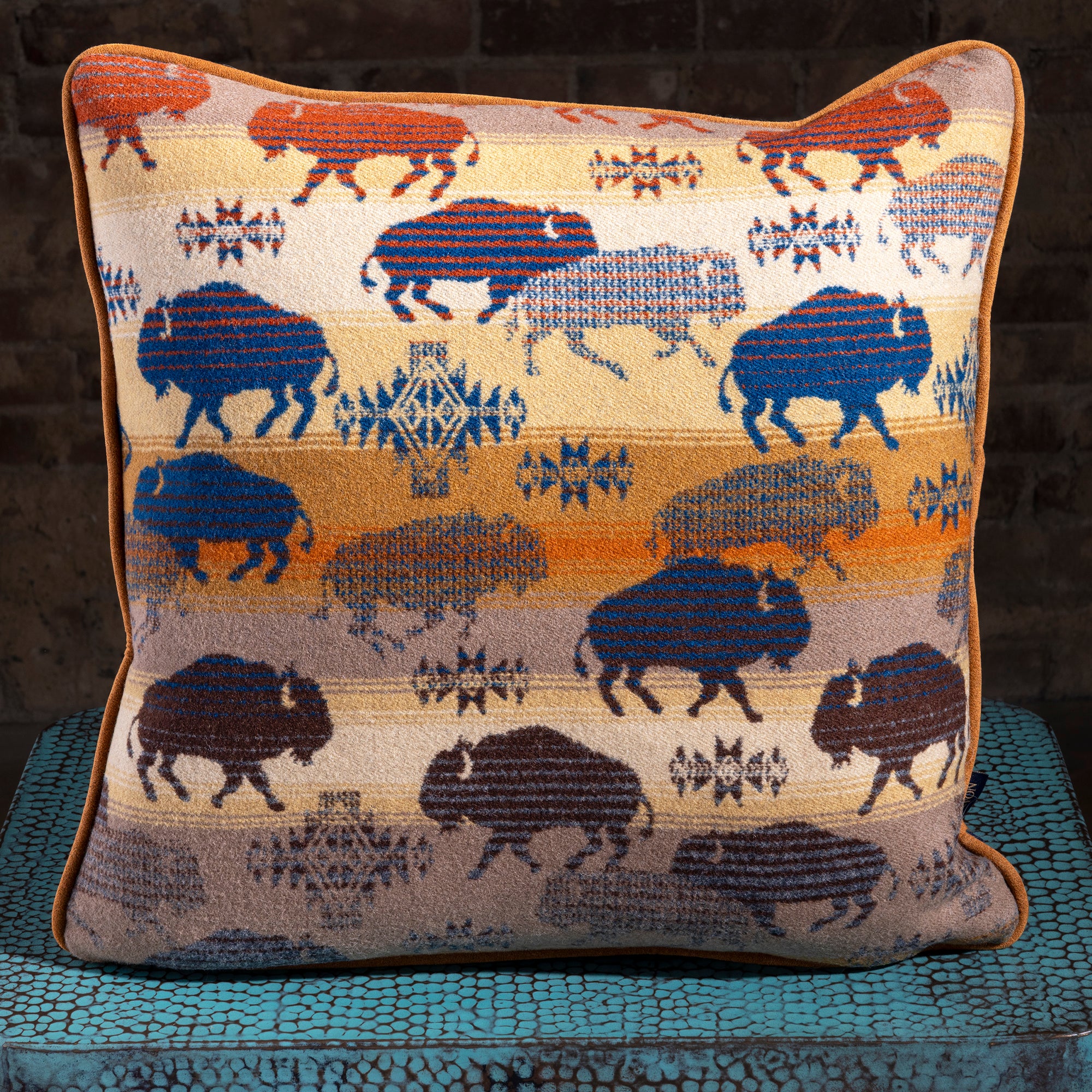 Sunset Range Buffalo Pendleton Accent Pillow Pendleton accent pillow with woven buffalo motif, warm desert tones, and piped edge.