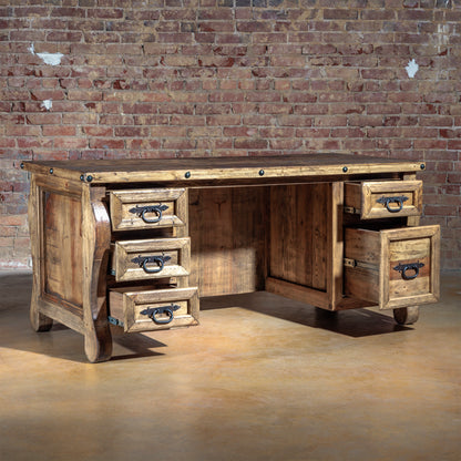 The Telluride Executive Desk with all drawers open, showcasing deep file drawer and hardware accents