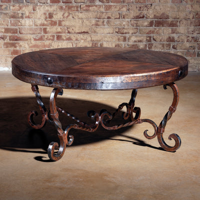 The Chaparral Round Coffee Table with reclaimed wood top and wrought iron base – Into The West