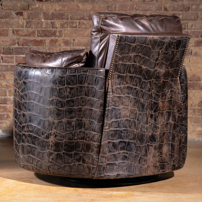 Back view of Western recliner with croc hide and plush leather cushioning – Into The West