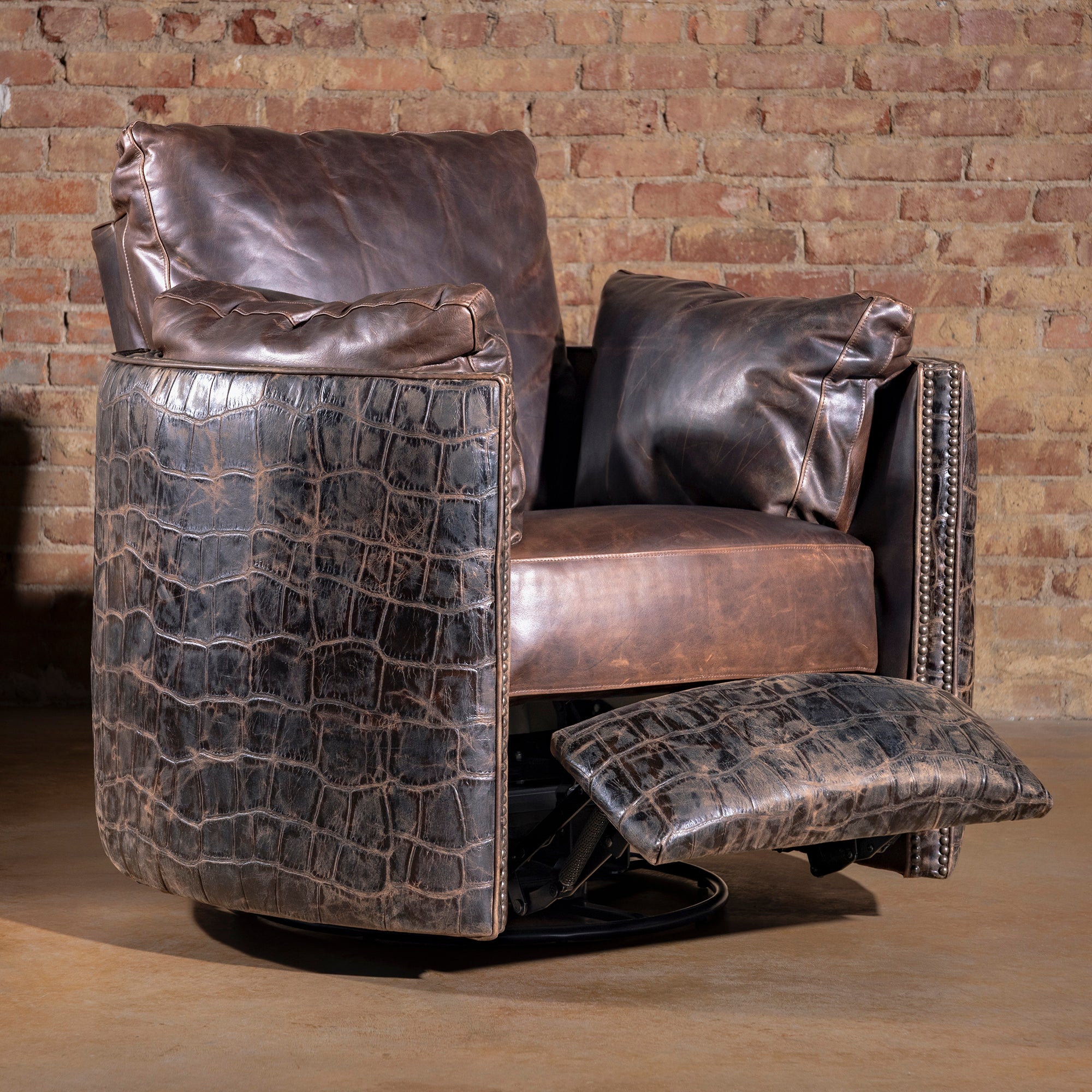 The Outrider Croc Cuddler Recliner in hand-finished leather and croc hide – Into The West