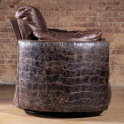 Side view of The Outrider Croc Cuddler Recliner showing embossed croc leather – Into The West