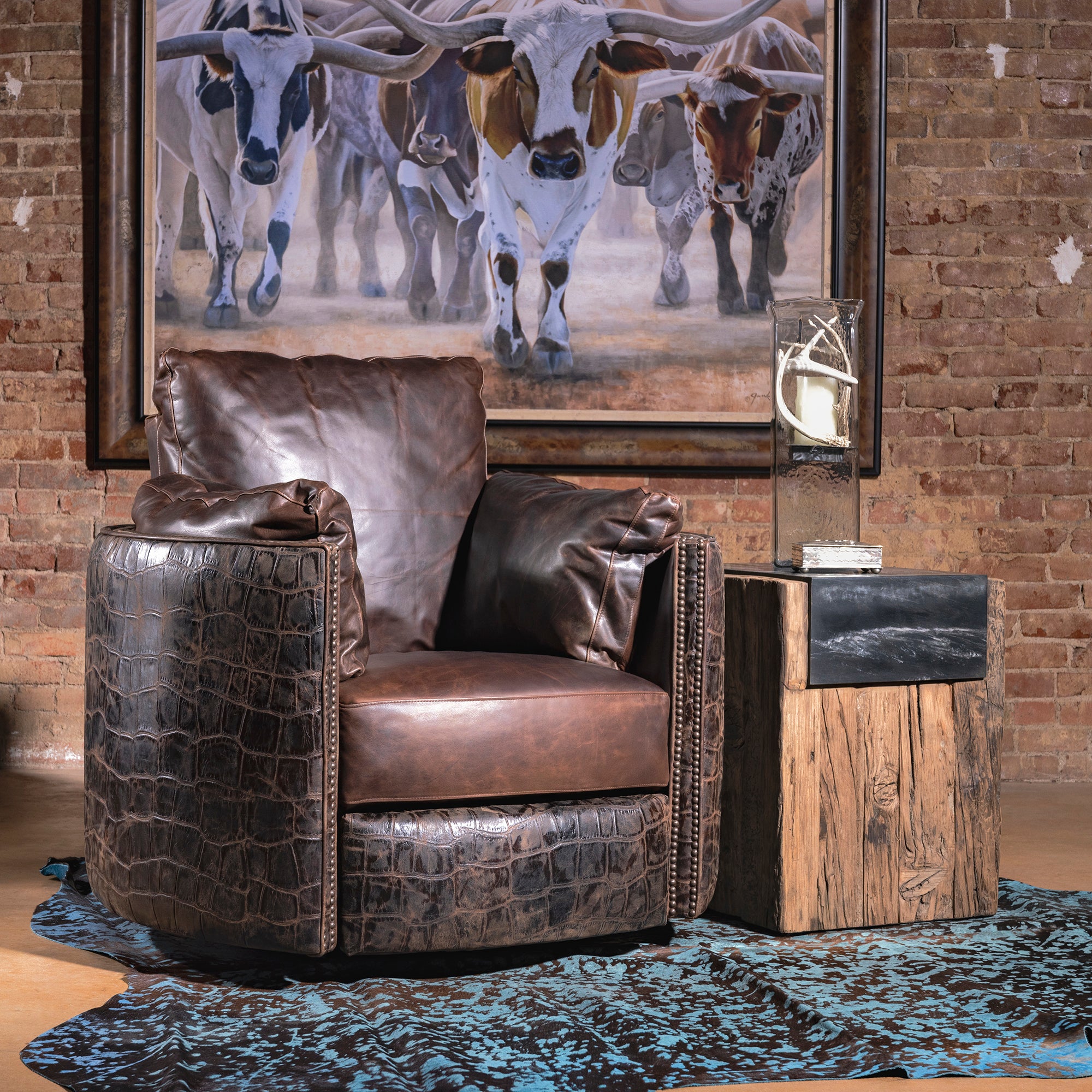 The Outrider Croc Cuddler Recliner staged with rustic Western décor – Into The West