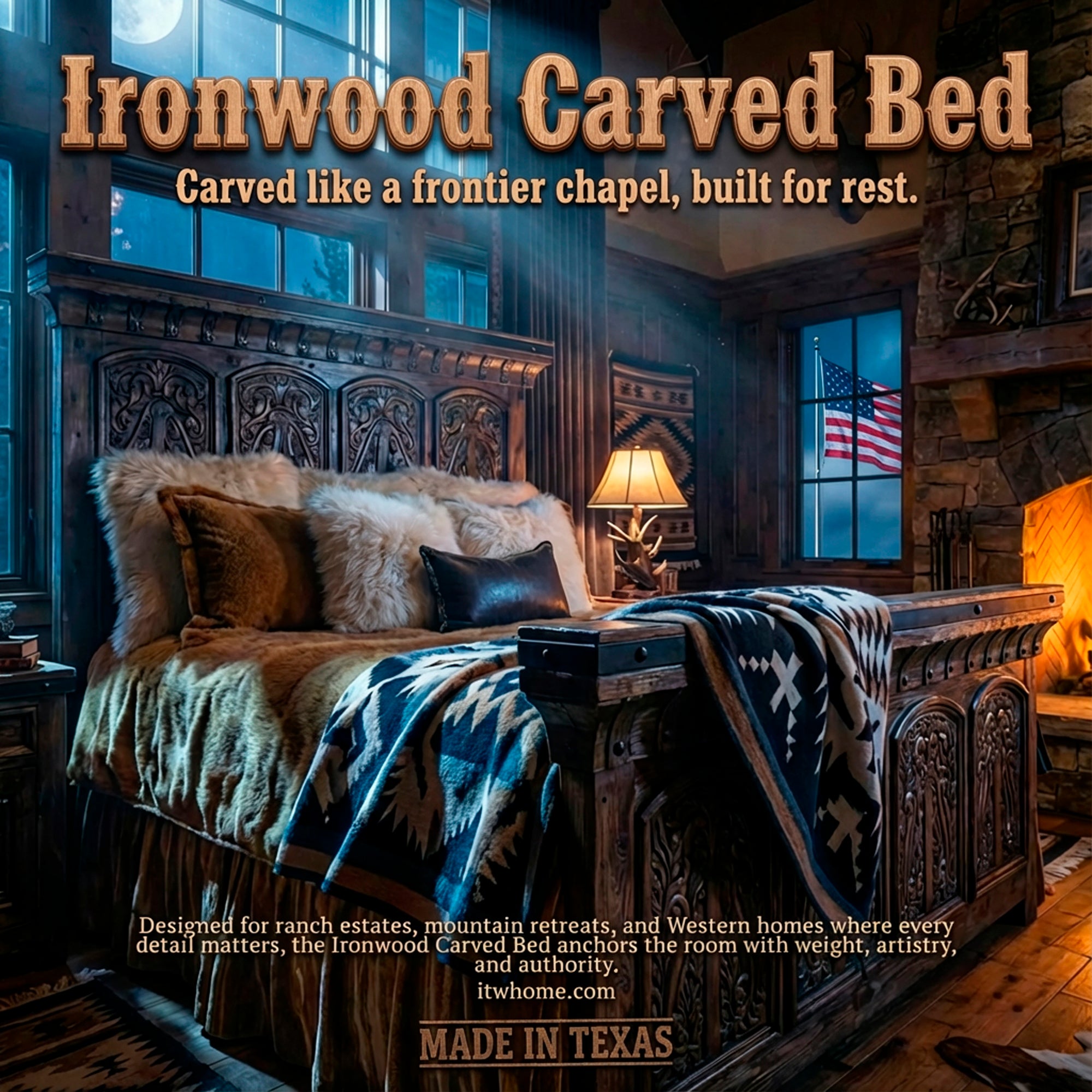Luxury western bed in a ranch-style primary bedroom with carved wood headboard and layered neutral bedding