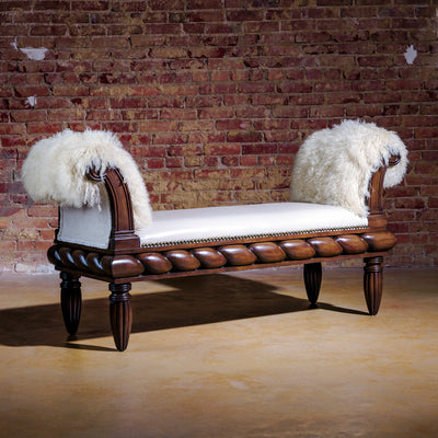 Western accent bench with Tibetan fur arms and top-grain leather seat