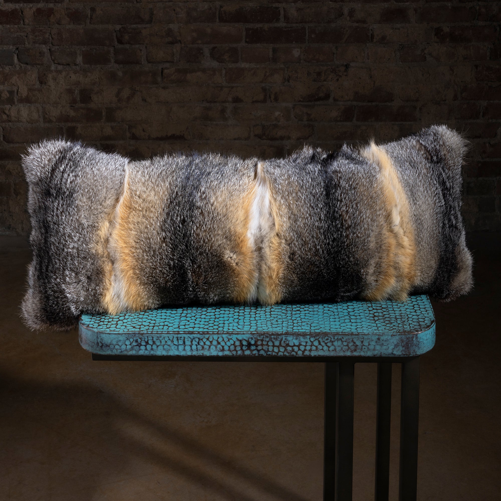 Timberline Coyote Hide Lumbar Heirloom Pillow coyote accent pillow with plush natural fur, silver-tawny tones, and lumbar shape.