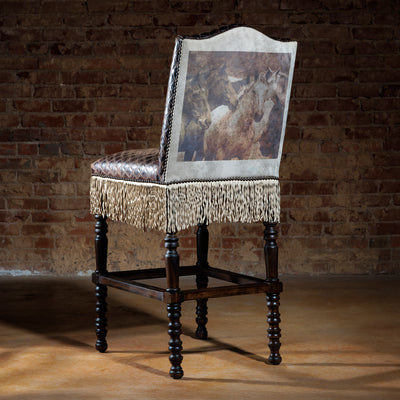 Back view of custom Western bar stool with printed suede panel and personalized ranch brand artwork