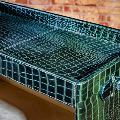 Top tray detail of green crocodile leather bar cabinet