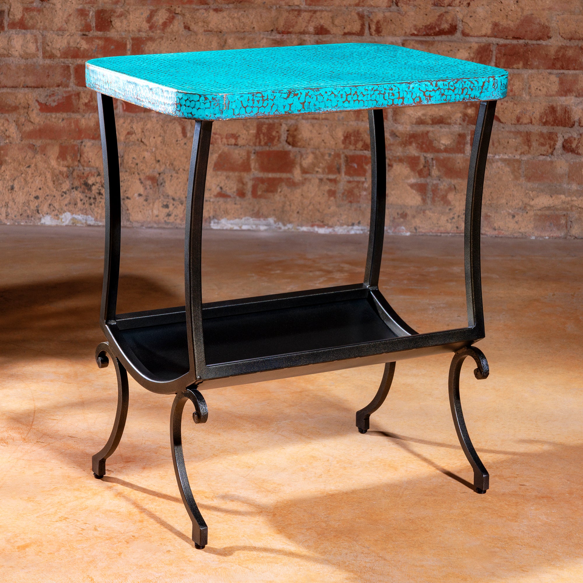 Hammered turquoise copper accent table with wrought iron legs