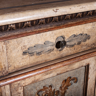Valencia Crest Heirloom Buffet western buffet sideboard drawer detail with aged painted finish, carved trim, and round metal knob.