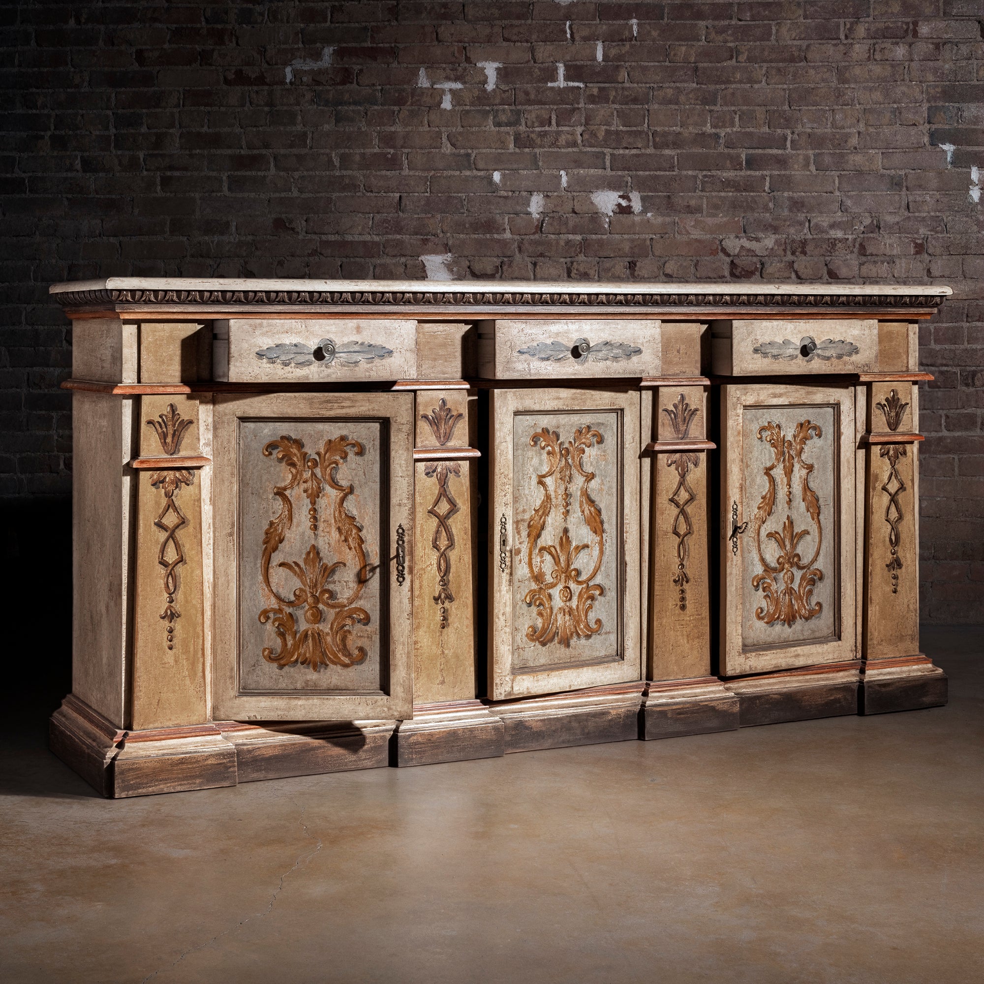 Valencia Crest Heirloom Buffet western buffet sideboard shown open with drawer storage, paneled doors, and interior cabinet space.
