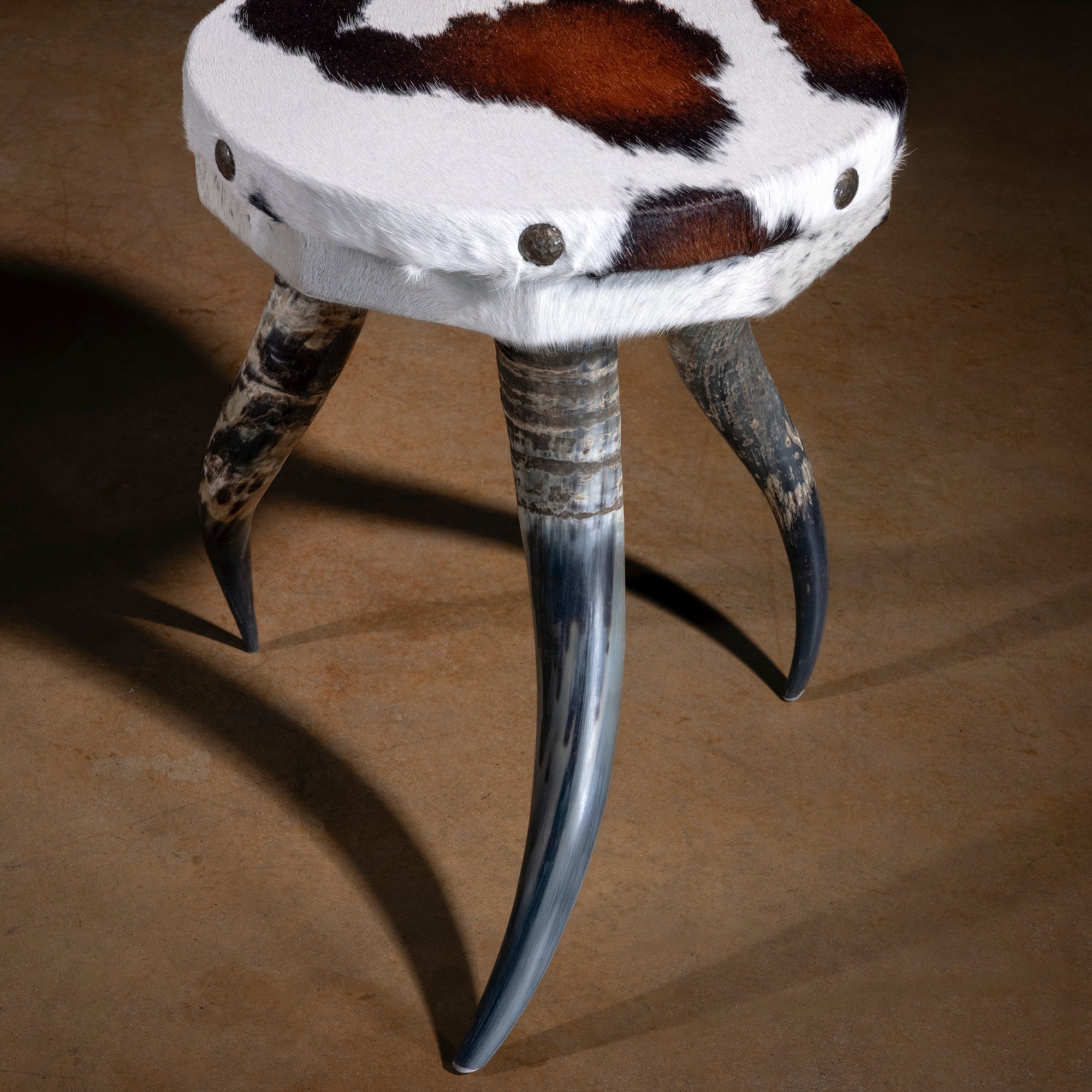 Close-up of Vaquero Bullhorn Accent Table cowhide top with concho trim detail