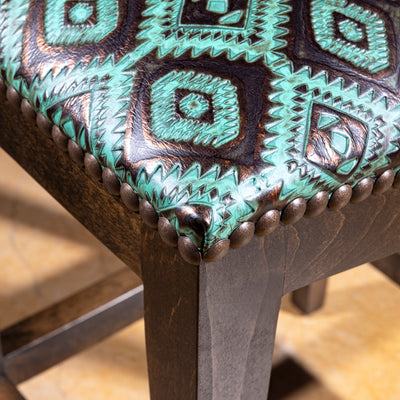 Verdigris Saddle Stool turquoise leather western saddle stool with Southwest diamond pattern and bronzed nailheads