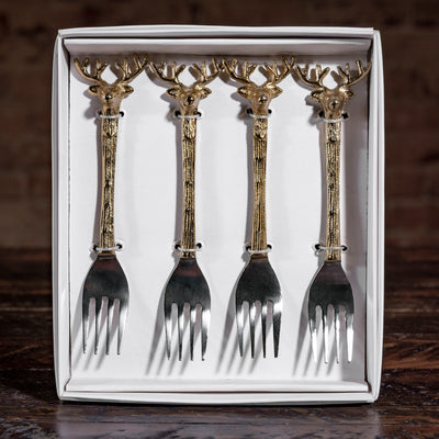 Western appetizer fork set with sculpted antler handles — luxury ranch dining flatware.