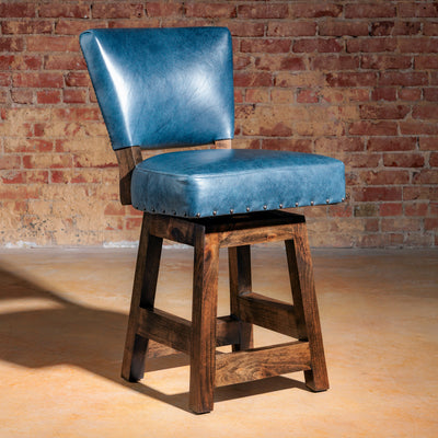 Front view of The Ocala Blue Ridge Bar Stool in premium top-grain blue leather