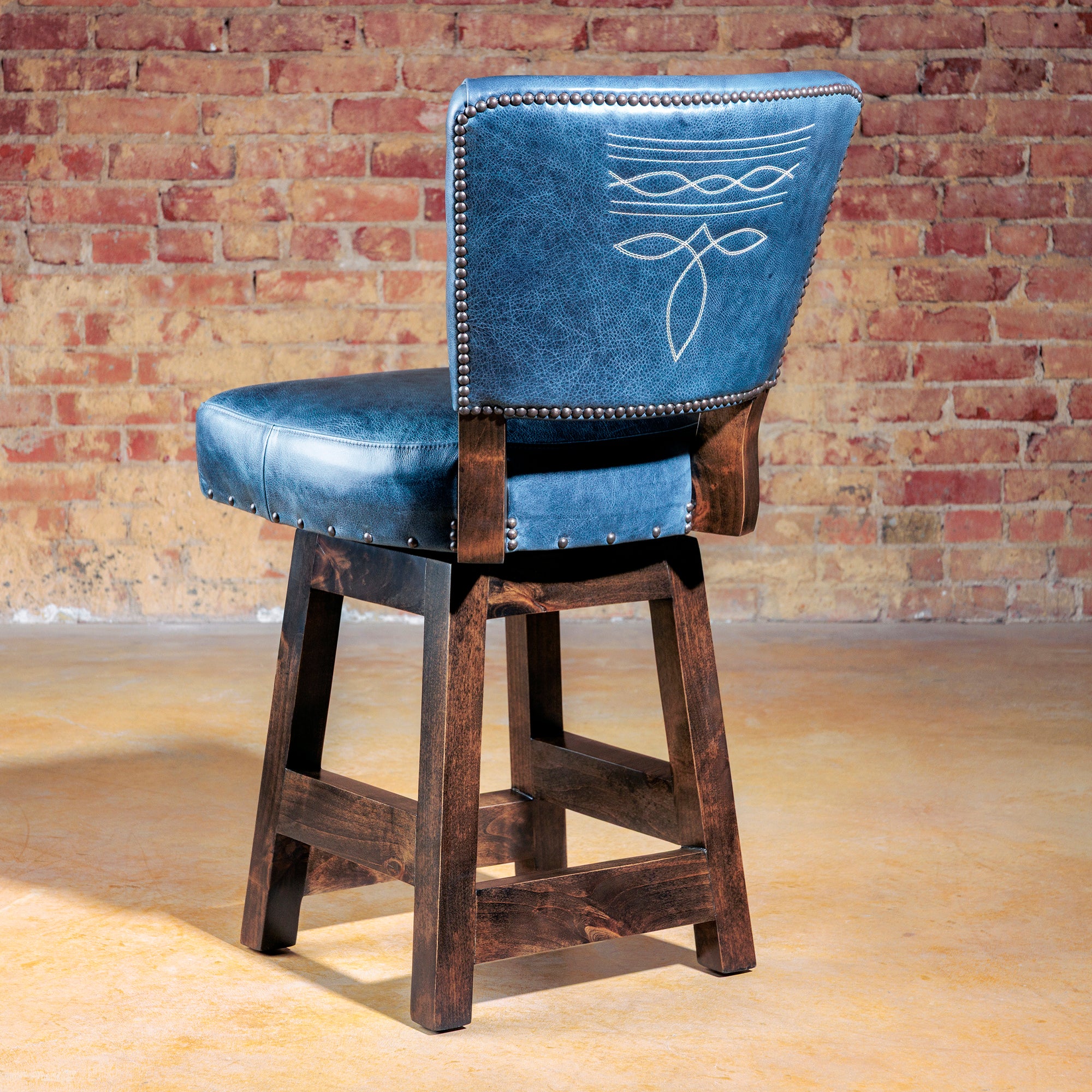 Back view of The Ocala Blue Ridge Bar Stool in premium top-grain blue leather