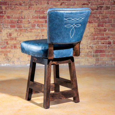 Back view of The Ocala Blue Ridge Bar Stool in premium top-grain blue leather