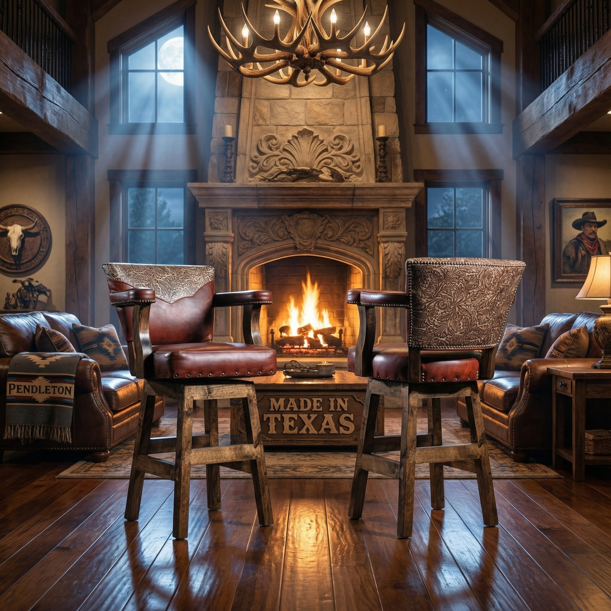 Saddlecrest Tooled Leather Bar Stools with floral-tooled back and chestnut leather seat in a ranch estate great room