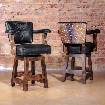 Western bar stool with black leather seat, boot stitch detailing, axis hide back, and 360-degree swivel – handcrafted and fully customizable