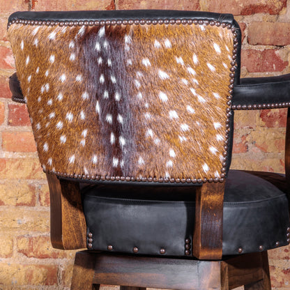 Western bar stool with black leather seat, boot stitch detailing, axis hide back, and 360-degree swivel – handcrafted and fully customizable