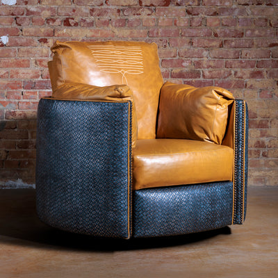 Front view of Denim Boot Stitch Western leather recliner with oversized cuddler design