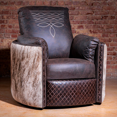 Front view of Brazilian brindle cowhide recliner with top-grain leather upholstery
