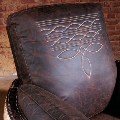 Close-up of top-grain leather and boot stitch design on leather recliner