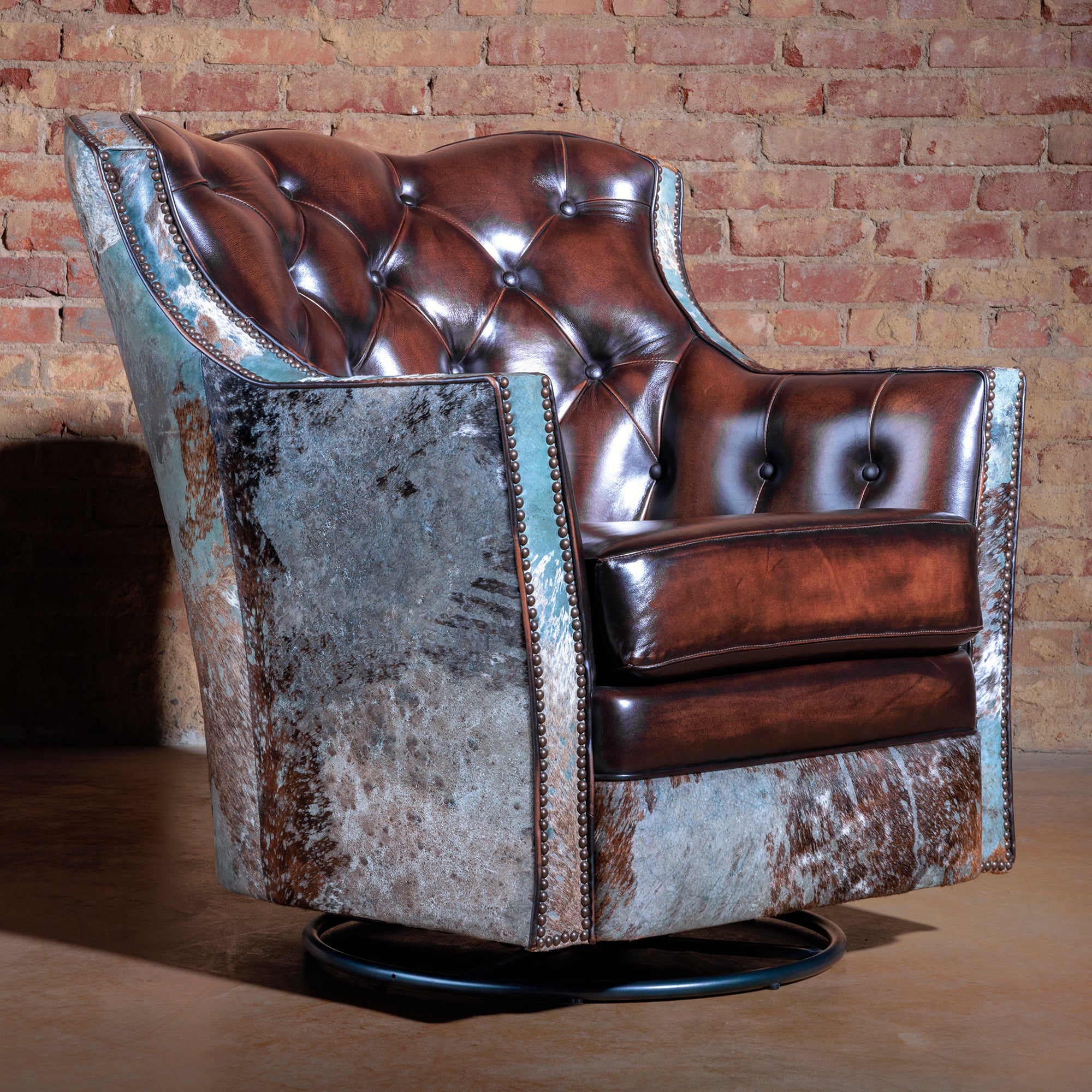 Western Acid Wash Cowhide Swivel Chair