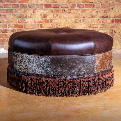 Montana Ranch Round Leather & Cowhide Ottoman