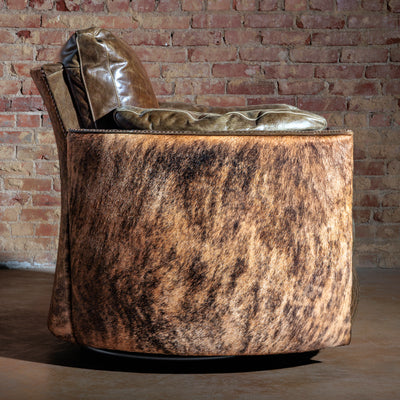 Side profile of Western swivel recliner with top-grain leather and cowhide trim
