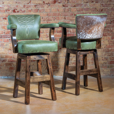 Verde Ranch Swivel Stool – Olive Leather with Cowhide Back
