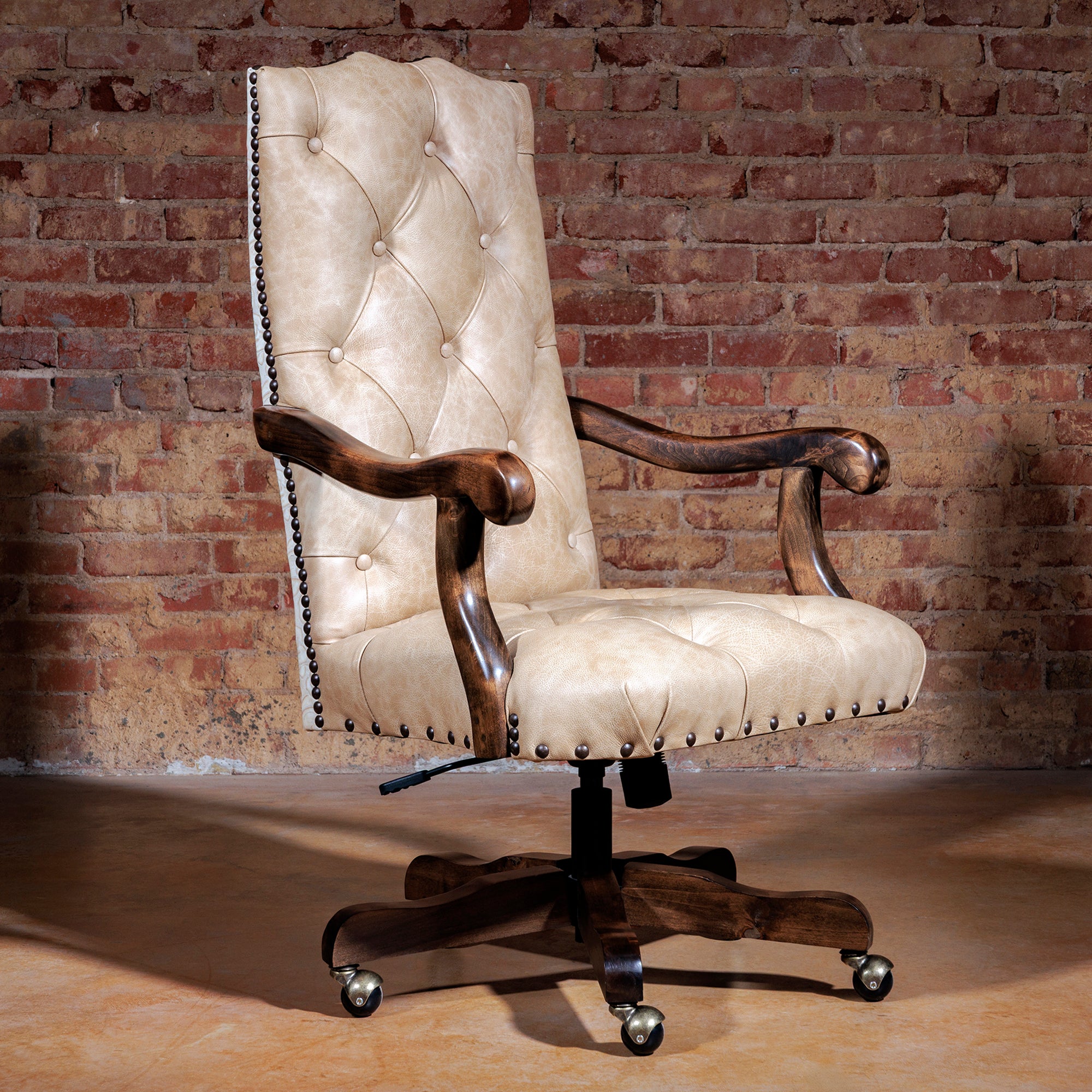 Cream Floral Tufted Leather Western Desk Chair