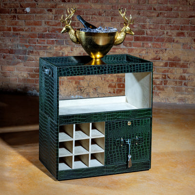 Custom croc leather bar cart with wine rack and lockable cabinet