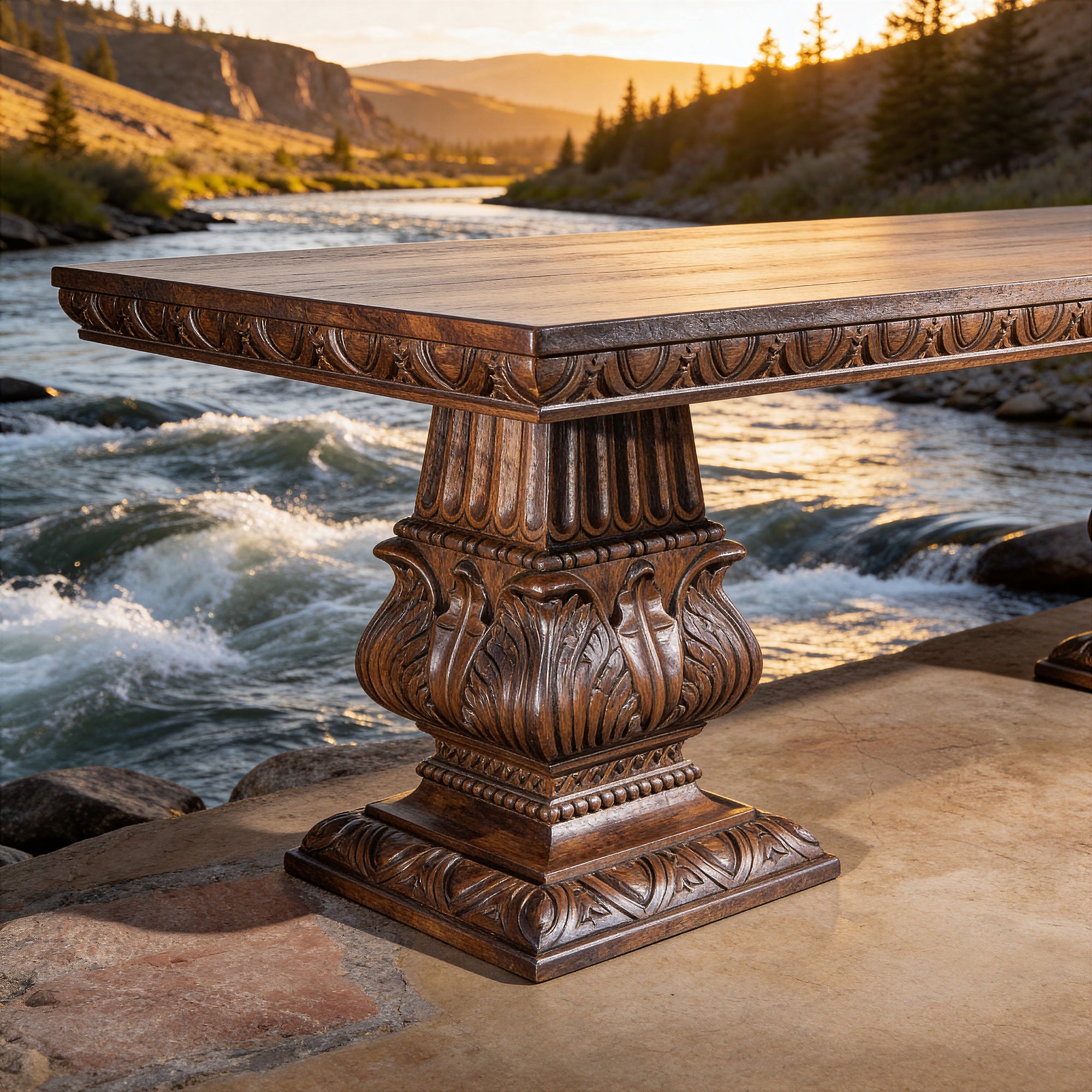 Three-quarter view of the large hand-carved Western dining table with rich brown finish