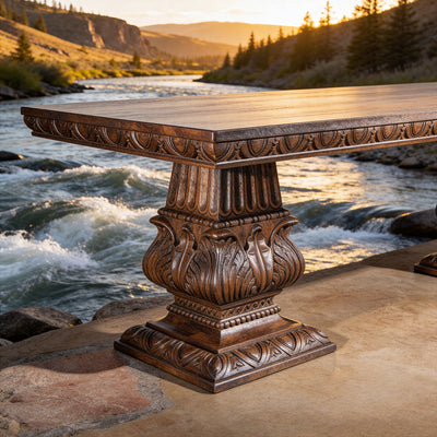 Three-quarter view of the large hand-carved Western dining table with rich brown finish