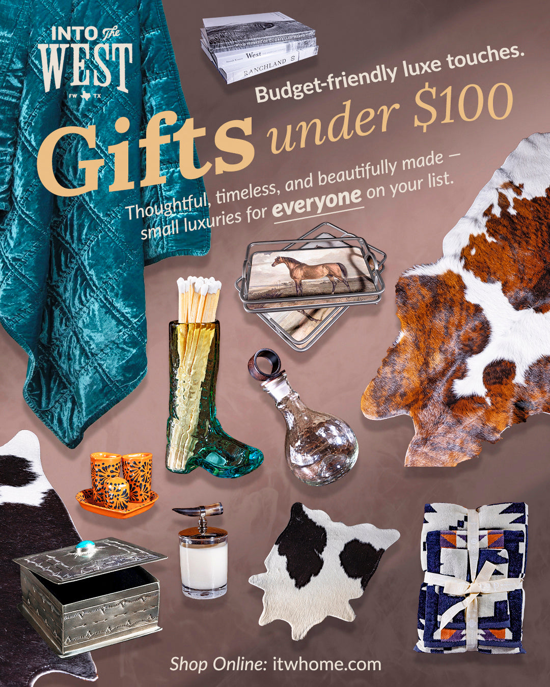 Western gifts under $100 featuring handcrafted décor, silver accents, and small rustic treasures.