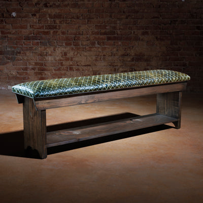 Western bench with diamond-stitched green leather and solid wood frame