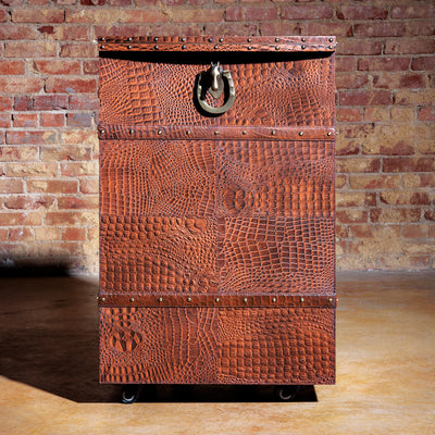 Western luxury bar cart with wine bottle storage and suede-lined cabinet front view