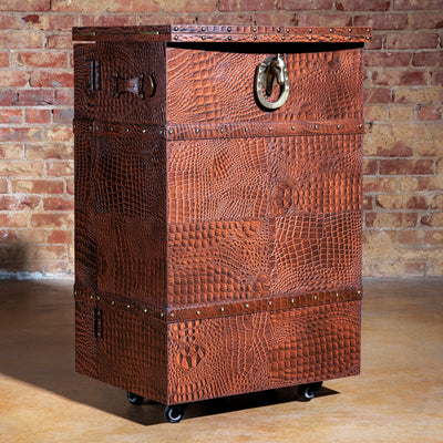 Western luxury bar cart with wine bottle storage and suede-lined cabinet