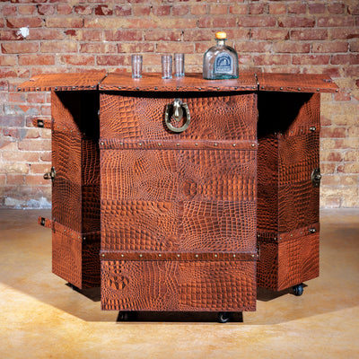 Western luxury bar cart with wine bottle storage and suede-lined cabinet