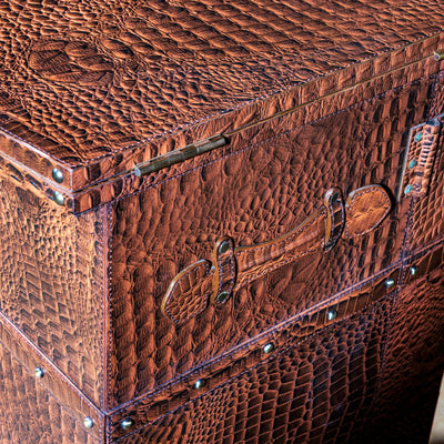 Western luxury bar cart with wine bottle storage and suede-lined cabinet detail