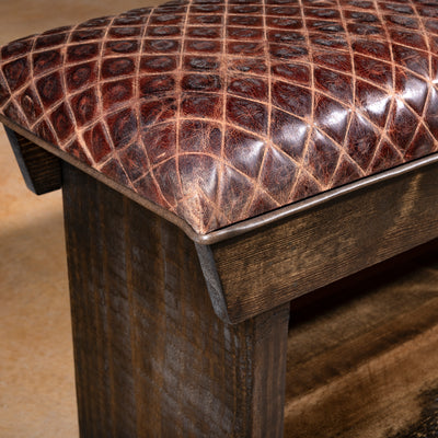 Corner detail of Mesa Royale Bench showing rustic hardwood base