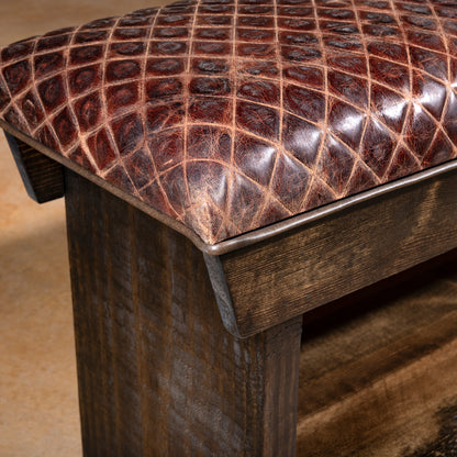 Corner detail of Mesa Royale Bench showing rustic hardwood base