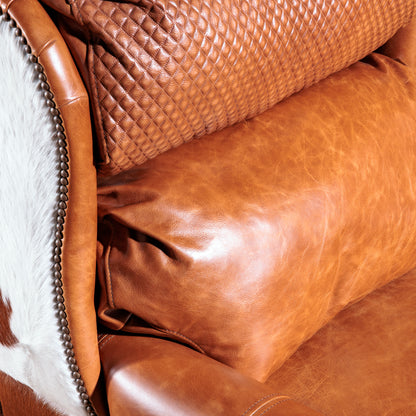 Detail view of the western leather cowhide recliner seat back detail